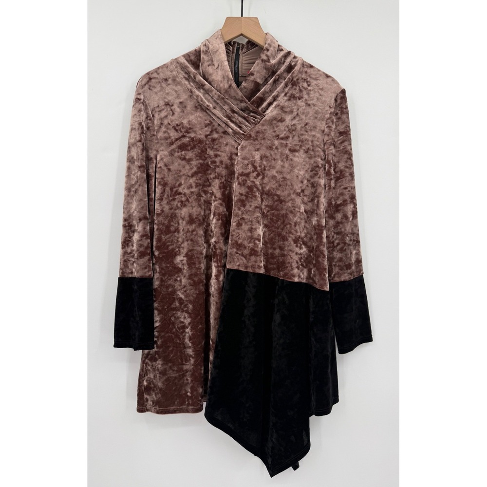 IC by Connie K‎ Shirt Womens Medium Brown Black Velvet Crushed Asymmetric